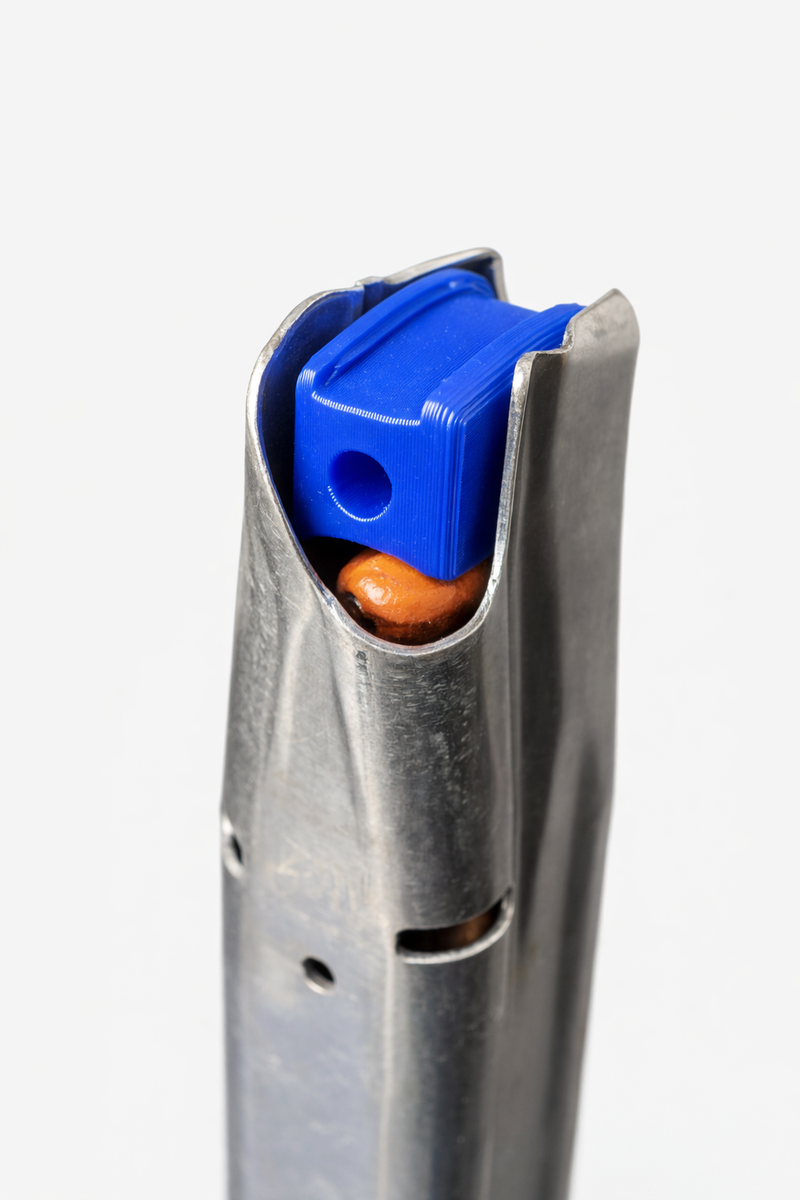 MagBlock installed on top of dummy rounds inside a magazine